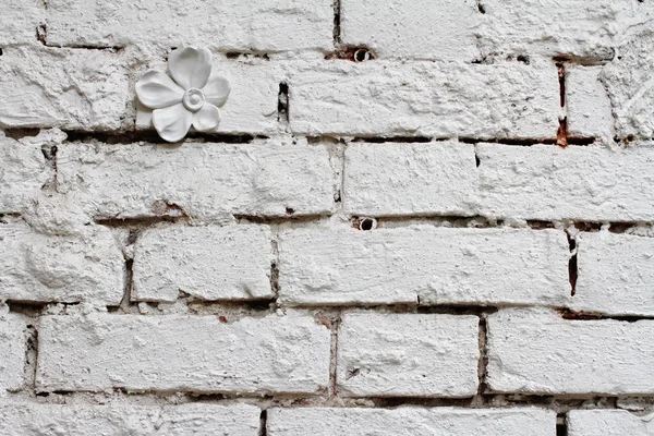 White brick wall with gypsum flower as background or texture