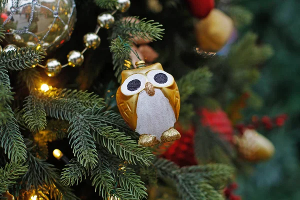 Christmas Toy Owl Hanging Christmas Tree — Stock Photo, Image