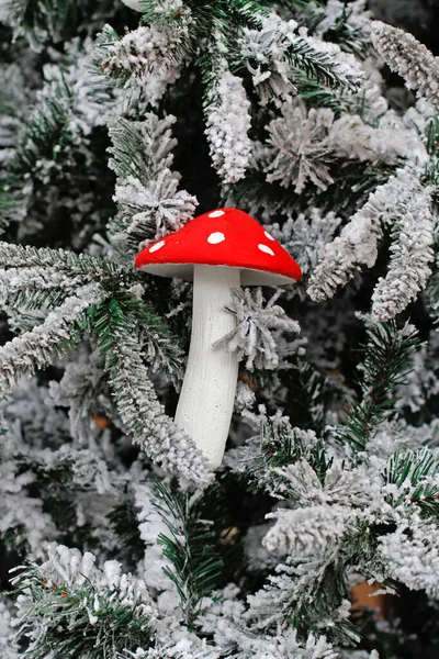 Christmas Toy Fly Agaric Hanging Christmas Tree Snow — Stock Photo, Image