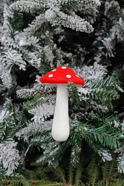 Christmas Toy Fly Agaric Hanging Christmas Tree Snow — Stock Photo, Image