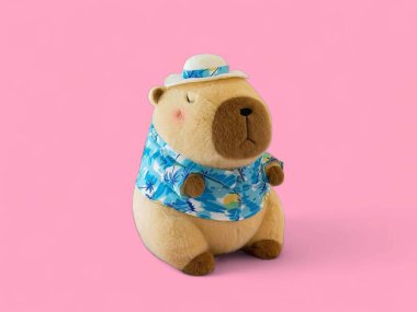Şirin Capybara Peluş Oyuncak Hawaii Gömleği ve Pembe Arkaplanda Şapka
