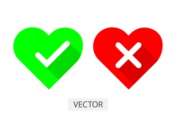 Evet Hiçbir Onay Işaretleri Düz Simgesi Kırmızı Yeşil Kalpleri Sevgi — Stok Vektör