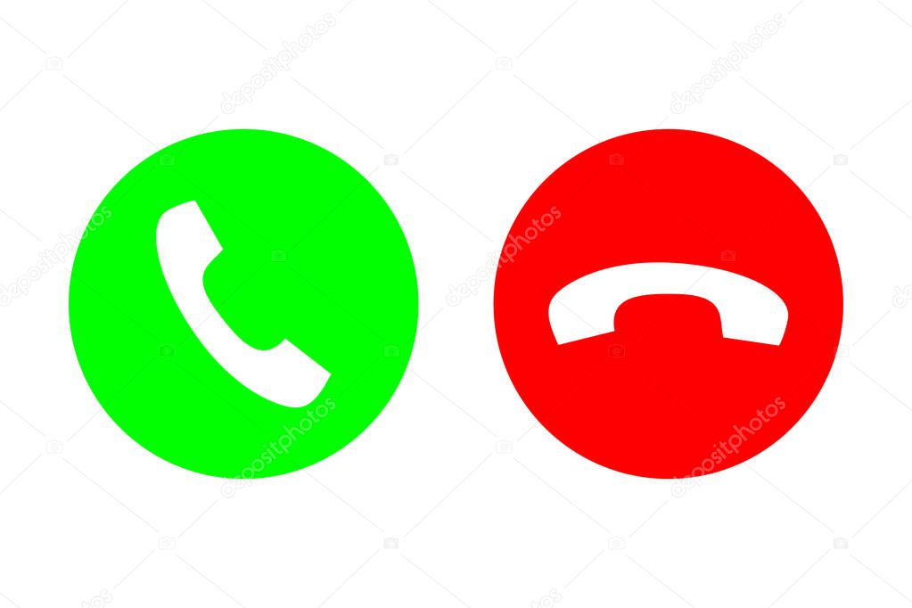 Phone call vector flat icon set with green call out or answer button and red hang up or decline button. Design for website, mobile app.