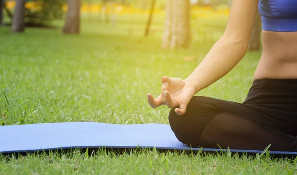 Jonge Vrouw Beoefenen Van Yoga Het Park Stretching Flexibiliteit Oefende — Stockfoto