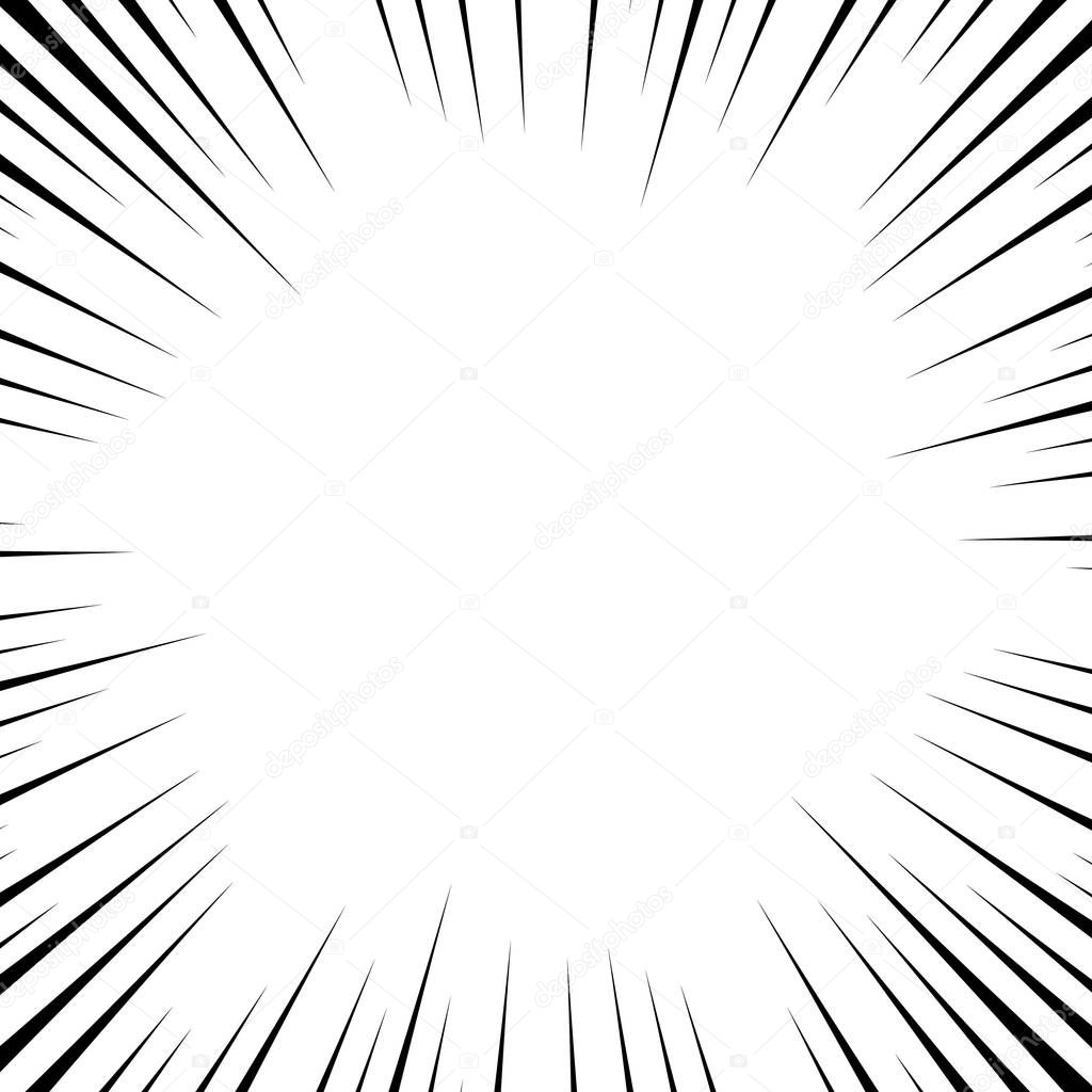 Comic book white and black radial lines background. Superhero action, explosion background, manga speed frame, vector illustration 