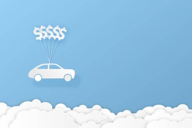 Araba dolar işareti balon ve bulut kağıt sanat vektör illüstrasyon tasarım finans kavramı için asılı