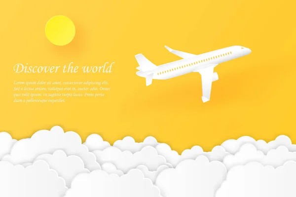 Odkryj Świat Samolot Latający Żółtym Niebem Słońcem Chmurą Transportu Lotniczego — Wektor stockowy
