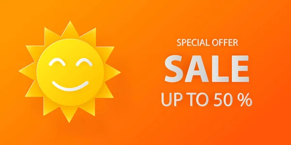 Verão Venda Sorriso Sol Amarelo Laranja Banner Fundo Oferta Desconto — Vetor de Stock