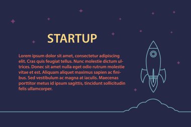 Roket uzaya fırlatıldı. İş projesi bir pazar konsepti üzerinde geliştirme ve yeni yenilik ürünleri üretmeye başlar. vektör illüstrasyonu.