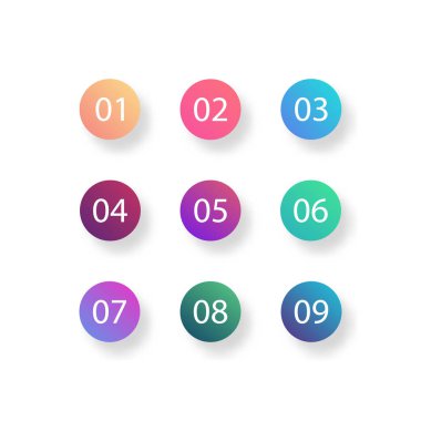 Beyaz arka planda daire şeklinde üçgen bayraklar. Tasarımınız için 1 'den 9' a kadar olan renkli gradyan işaretleri. vektör illüstrasyonu