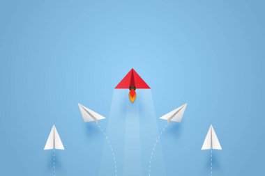 Kağıt uçak, başarı hedefi vektör iş finansal konseptine yönelir. Liderlik, yaratıcı fikir simgesi kağıt sanat stili ve metin için kopyalama alanı. resimleme