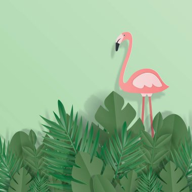 Yeşil arka planda flamingolu tropikal yeşil yapraklar kağıt sanat tarzı vektör illüstrasyonunda