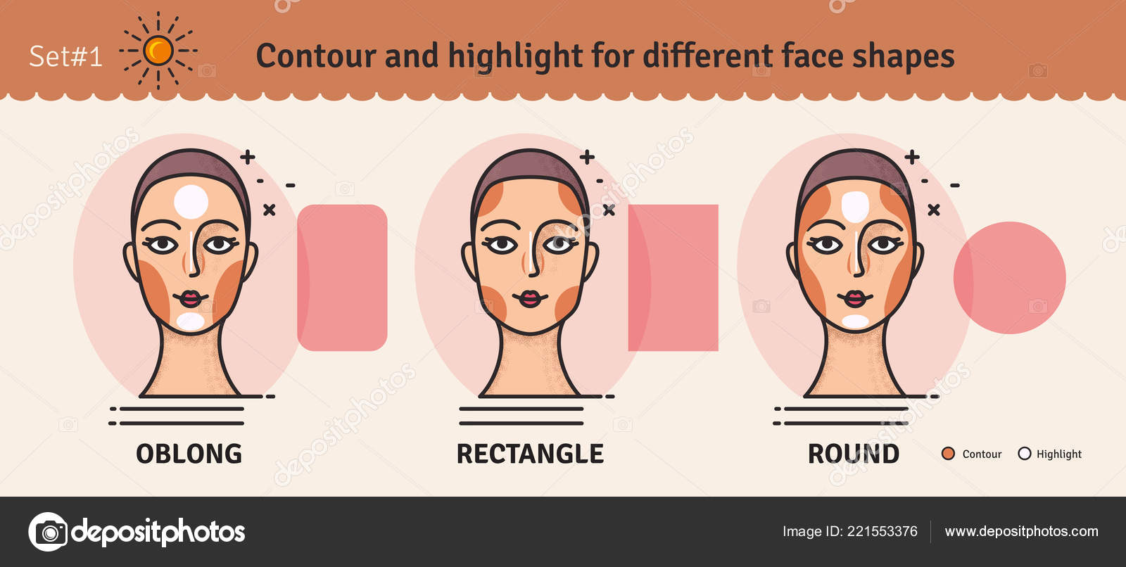 Contouring Highlight Makeup Guide Vector Set Different Types Woman Face Stock Vector by 221553376