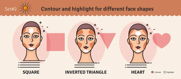 Konturering Och Höjdpunkten Makeup Guide Vector Uppsättning Olika Typer Kvinna — Stock vektor