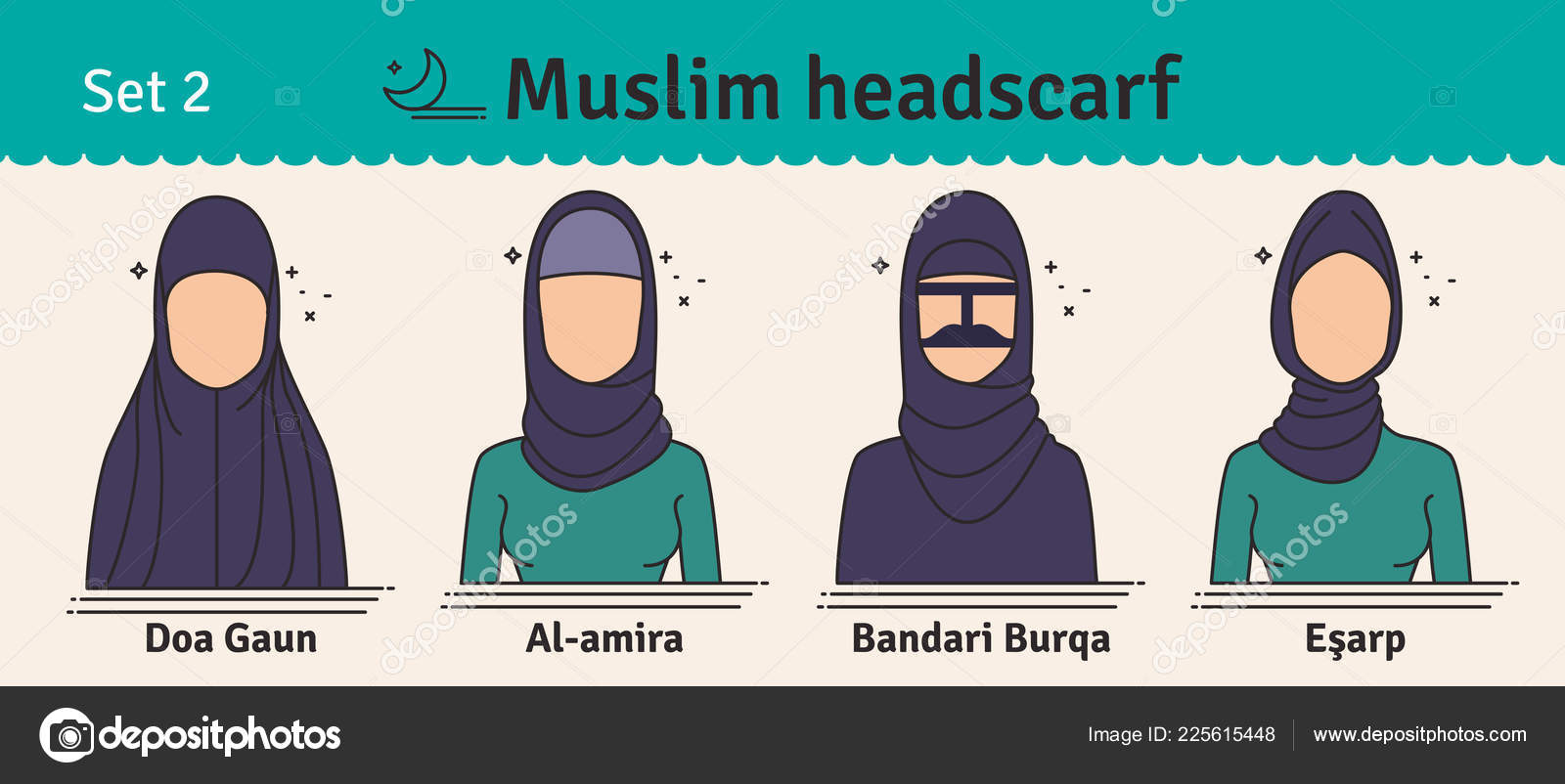 Set Different Types Women Headscarves Vector Icon Colorful Illustration