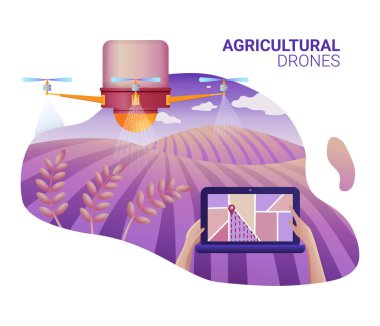 Drone veya quadcopter Tarım için. Drone fly alan ve püskürtme veya sulama yapar. Drone dizüstü bilgisayar üzerinden kontrol eller.