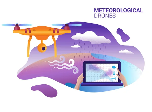 ドローンまたは Quadcopter の気象 ドローンの飛ぶ風景とは大気測定 ビデオ および写真 — ストックベクタ