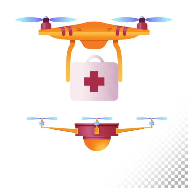 Drone or quadcopter flat icons. Unmanned aircraft of different purpose medical emergency and etc . Vector illustration