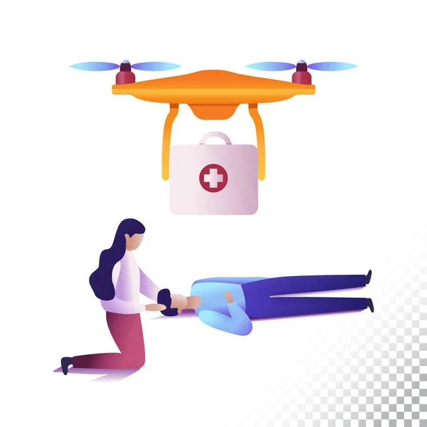 Drone or quadcopter flat icons. Unmanned medical aircraft and people. Vector illustration on a transparent background.