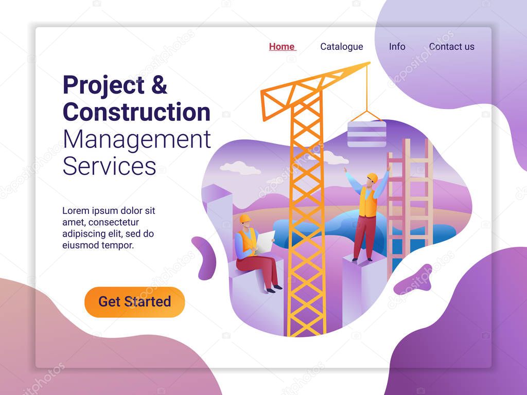 Landing page template of Project and Construction Managment Service. The Flat design concept of web page design. Construction team at the facility under construction.