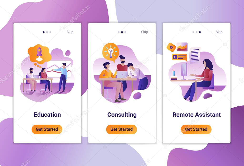 Mobile app templates of Consulting, education and remote job. Vector illustration of scenes with modern people at work.