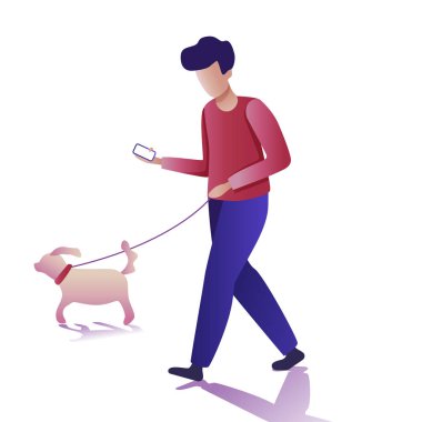 Modern genç adam düz simgeler. Genç bir köpek yürüyüş ve smartphone iletişim adam. Vektör çizim şeffaf bir arka plan üzerinde.
