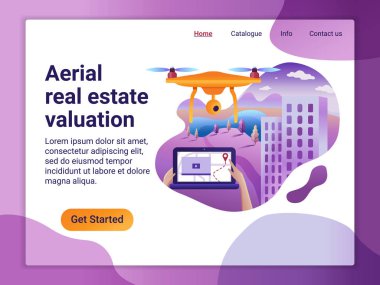 Açılış sayfası şablonu projesi hava gayrimenkul değerleme ile. Web sayfası tasarımı bir mobil web sitesi için düz tasarım kavramı. Peyzaj üzerinde sinek robot ve bir eşleme, video ve vb yapmak