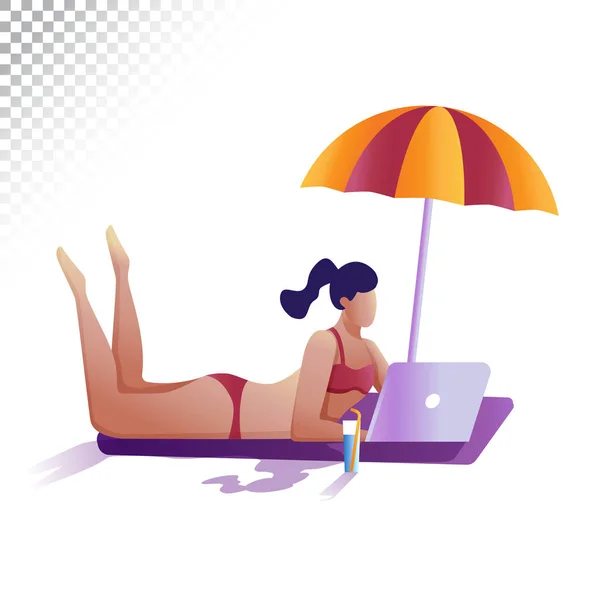 Modern woman flat illustration. Young girl remotely working at a laptop lying on the beach. Vector illustration on a transparent background. — Stock Vector