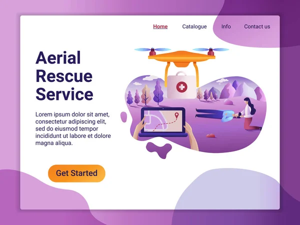 Açılış sayfası şablon / tıbbi hizmet anlayışı. Web sayfası tasarımı bir mobil web sitesi için düz tasarım kavramı. Drone fly manzara ve ambulans ekipmanları teslim. — Stok Vektör