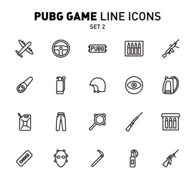 Pubg oyun çizgi simgeler. Vektör çizim mücadele imkanları. Doğrusal tasarım. Simgelerin Set 2