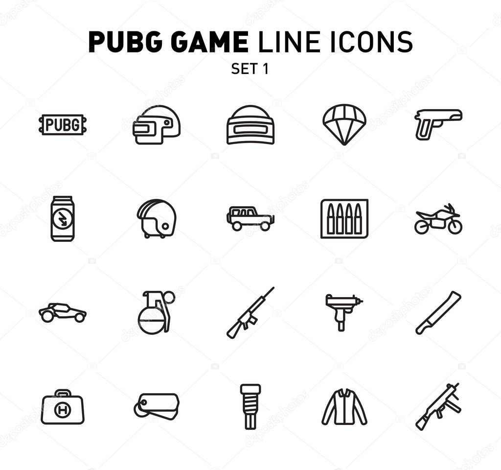PUBG game line icons. Vector illustration of combat facilities. Linear design. The Set 1 of icons