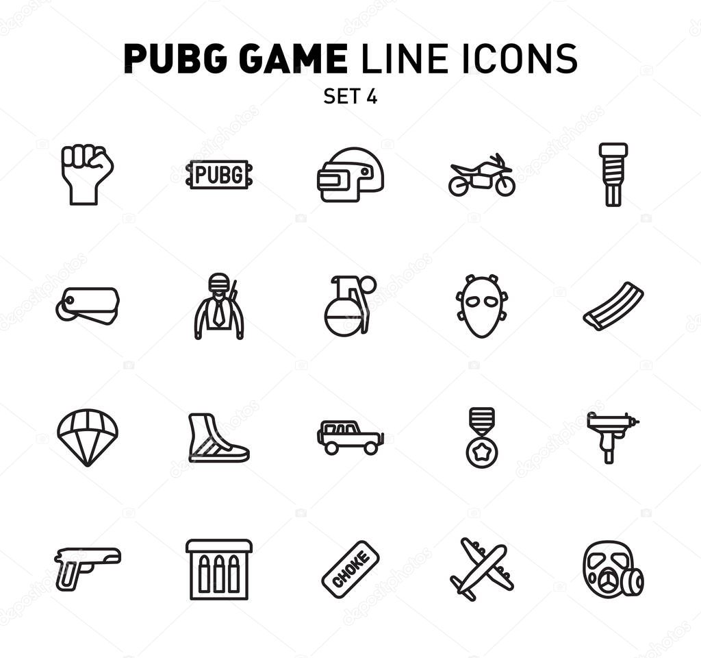 PUBG game line icons. Vector illustration of combat facilities. Linear design. The Set 4 of icons