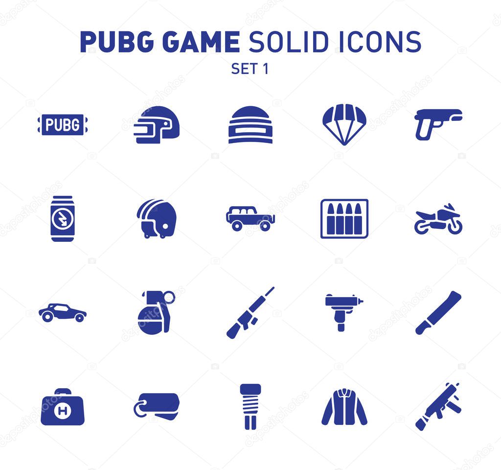 PUBG game glyph icons. Vector illustration of combat facilities. Solid design. Set 1 of icons