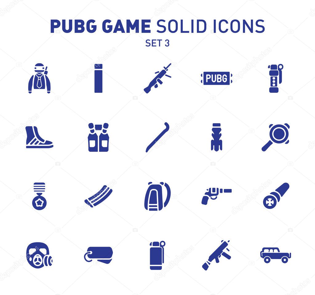 PUBG game glyph icons. Vector illustration of combat facilities. Solid design. Set 3 of icons