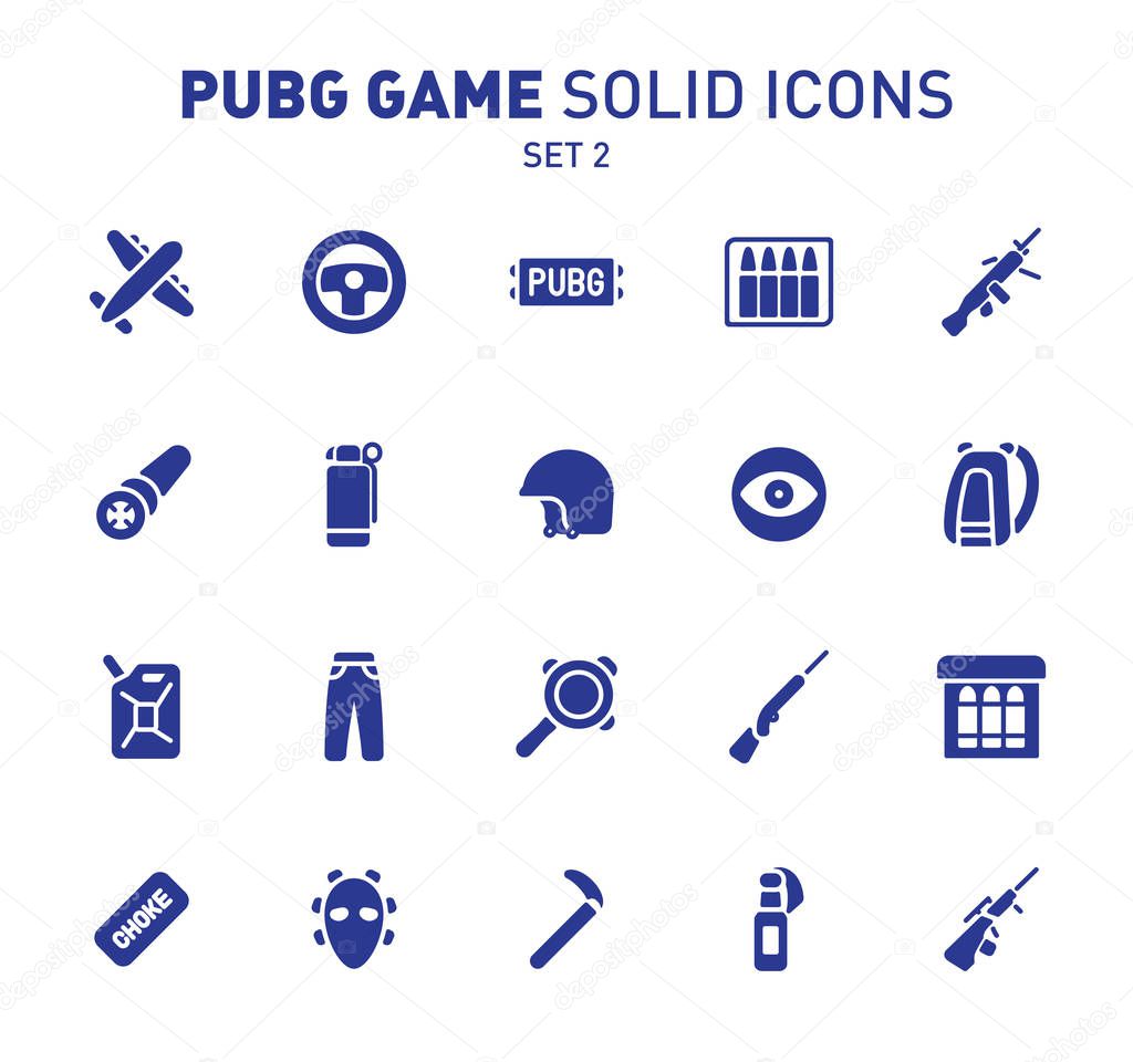 PUBG game glyph icons. Vector illustration of combat facilities. Solid design