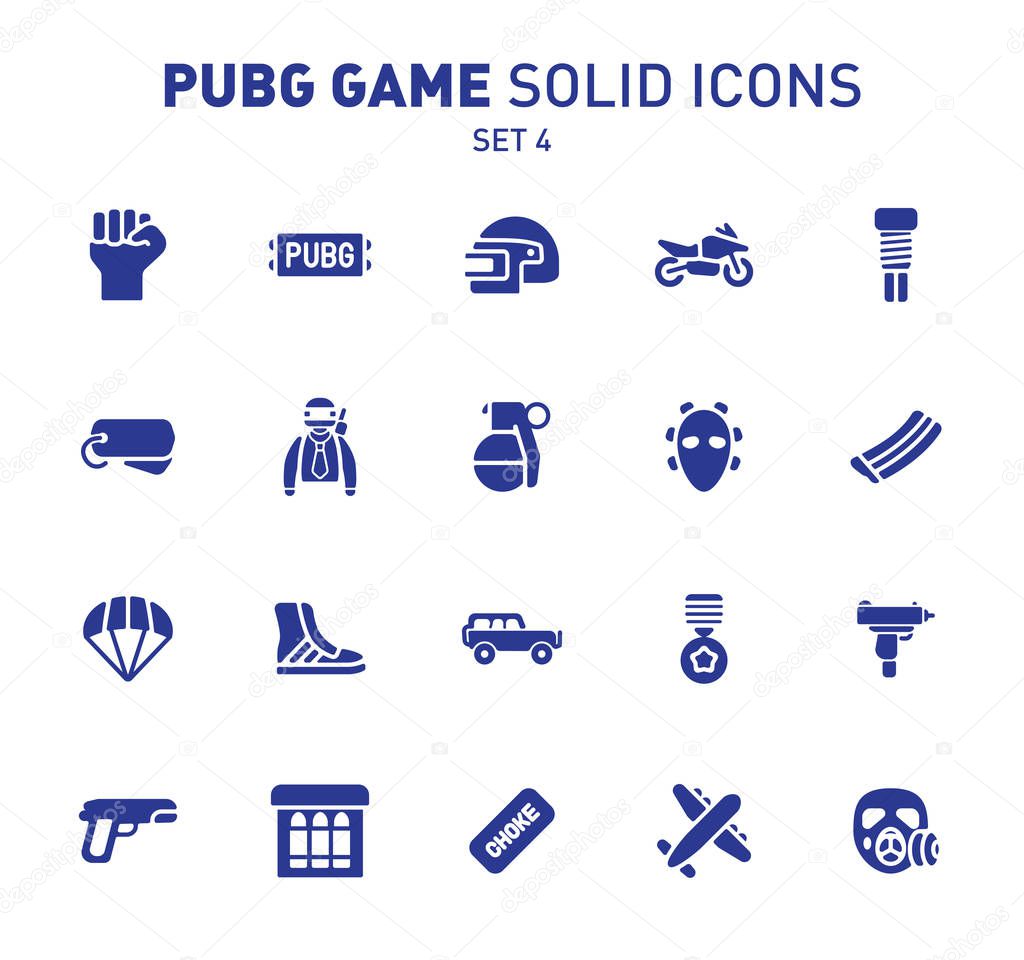 PUBG game glyph icons. Vector illustration of combat facilities. Solid design. Set 4 of icons