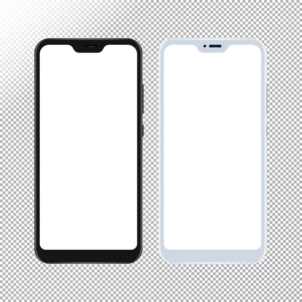 Smartphone mock up op transparante achtergrond. Vector mobiele telefoon met lege schermen mockup voor Android App UI UX design. Zwart-wit realistische mobiele telefoons geïsoleerd op transparante achtergrond. — Stockvector