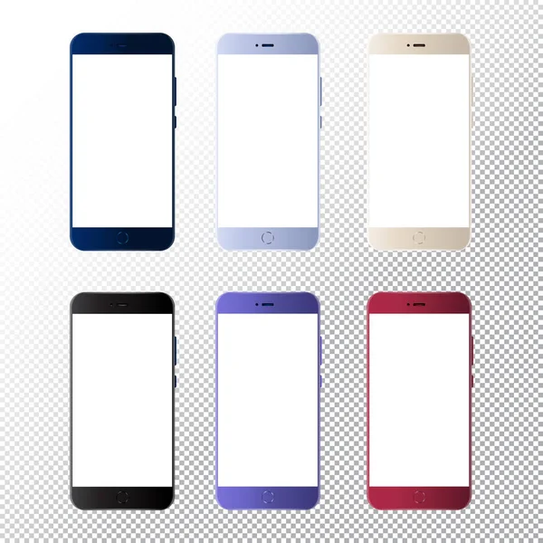 スマートフォンは、透明な背景にモックアップ。AndroidアプリのUiとUxデザインのための空の画面モックアップを持つベクター携帯電話。透明な背景に隔離された異なる色の現実的な携帯電話. — ストックベクタ