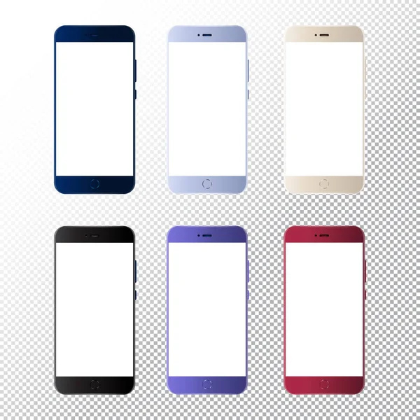 Smartphone mock up op transparante achtergrond. Vector mobiele telefoon met lege schermen mockup voor Android App UI en UX design. Verschillende kleur realistische mobiele telefoons geïsoleerd op transparante achtergrond. — Stockvector