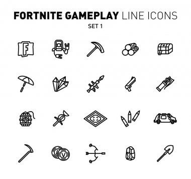 Fortnite epic game play outline icons. Vector illustration of combat military facilities. Linear flat design. Set 1 of black icons for Fortnite. clipart