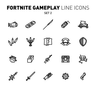 Fortnite epik oyun anahat simgeleri. Savaş askeri tesislerin vektör illüstrasyon. Lineer düz tasarım. Fortnite için siyah simgelerden 2 ayarlayın.