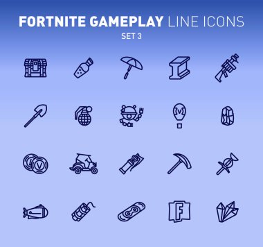 Fortnite epik oyun anahat simgeleri. Savaş askeri tesislerin vektör illüstrasyon. Mavi arka planda doğrusal düz tasarım. Fortnite için 3 simgeleri ayarlayın.