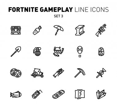 Fortnite epik oyun anahat simgeleri. Savaş askeri tesislerin vektör illüstrasyon. Lineer düz tasarım. Fortnite için siyah simgelerden 3 ayarla.