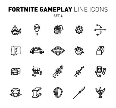 Fortnite epik oyun anahat simgeleri. Savaş askeri tesislerin vektör illüstrasyon. Lineer düz tasarım. Fortnite için 4 siyah simge ayarlayın.