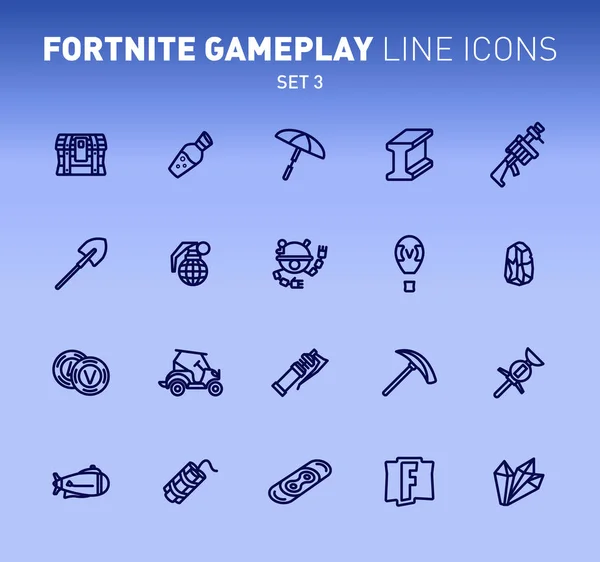 Fortnite epischen Spiel umreißen Symbole spielen. Vektorillustration militärischer Kampfeinrichtungen. Lineares, flaches Design auf blauem Hintergrund. Set 3 Symbole für Fortnite. Vektorgrafiken