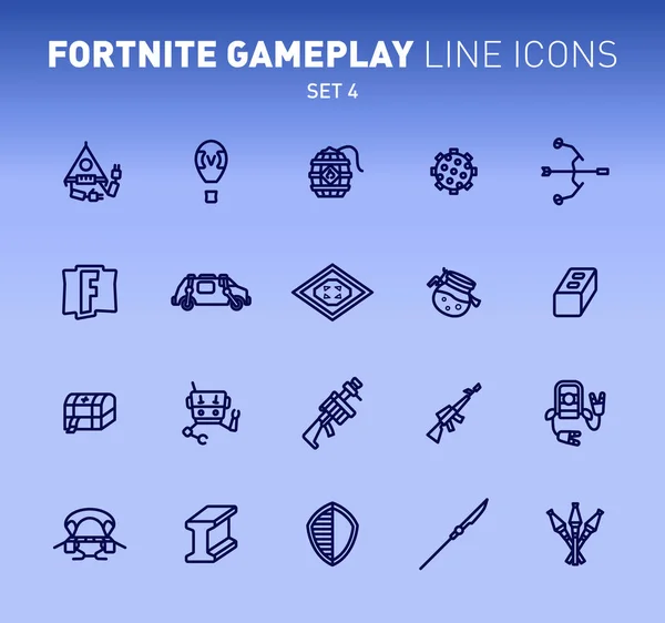 Fortnite epischen Spiel umreißen Symbole spielen. Vektorillustration militärischer Kampfeinrichtungen. Lineares, flaches Design auf blauem Hintergrund. Set 4 Symbole für Fortnite. Vektorgrafiken