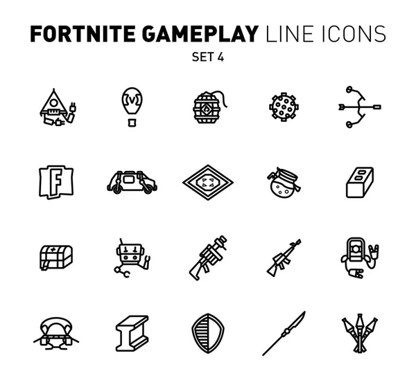 Fortnite epischen Spiel umreißen Symbole spielen. Vektorillustration militärischer Kampfeinrichtungen. Lineares, flaches Design. Set 4 schwarze Symbole für Fortnite. Vektorgrafiken