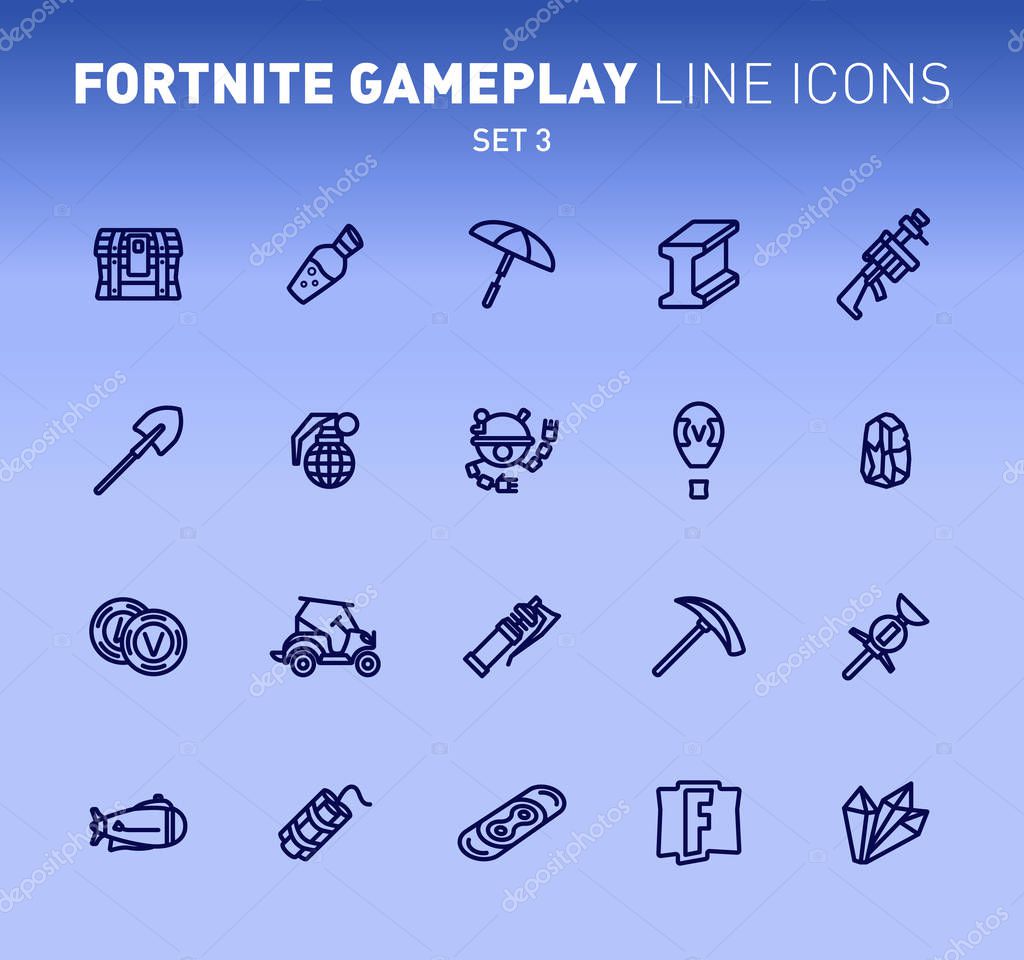 Fortnite epic game play outline icons. Vector illustration of combat military facilities. Linear flat design on blue background. Set 3 of icons