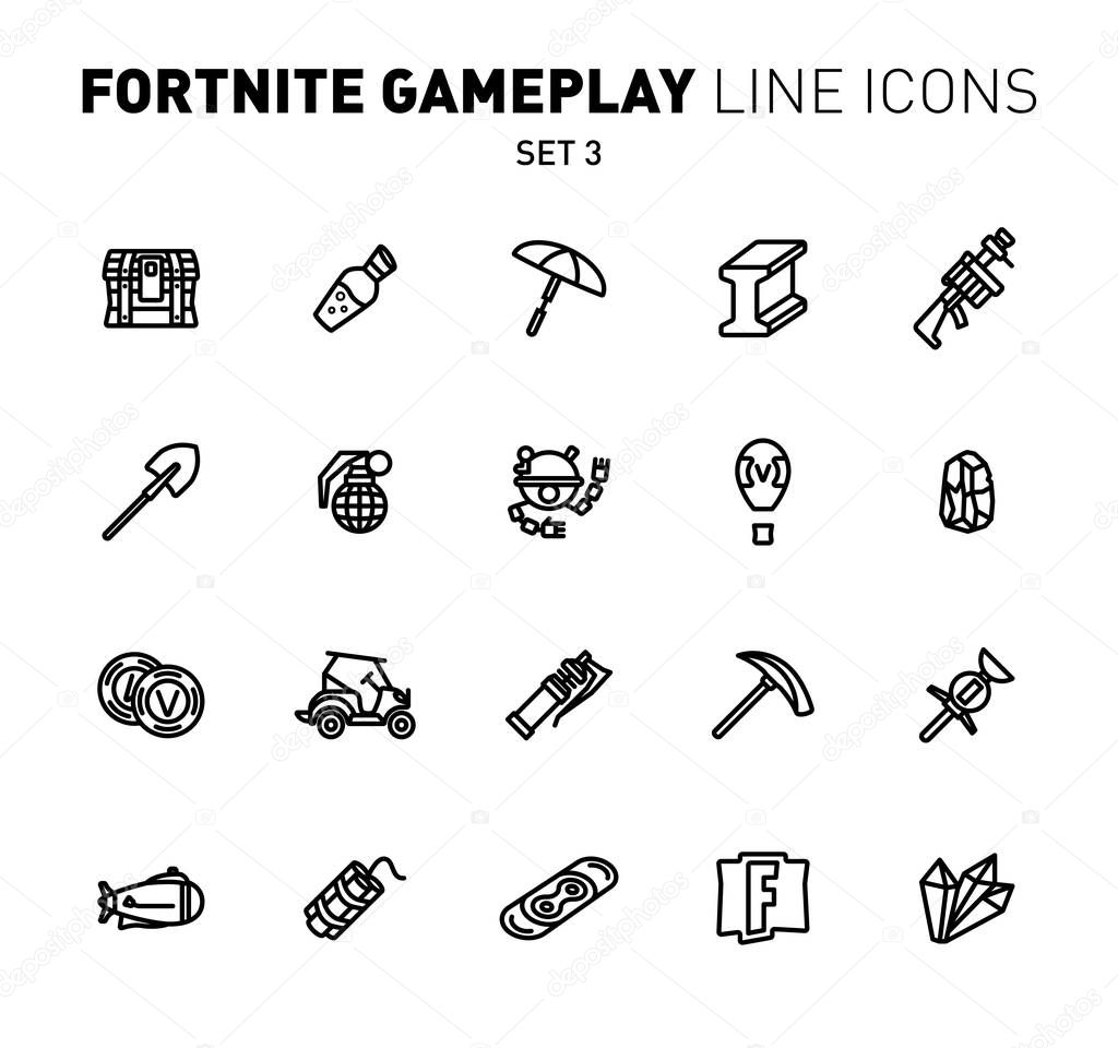 Fortnite epic game play outline icons. Vector illustration of combat military facilities. Linear flat design. Set 3 of black icons