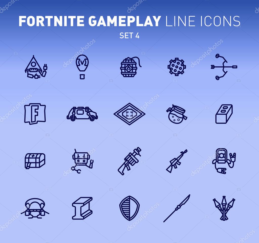 Fortnite epic game play outline icons. Vector illustration of combat military facilities. Linear flat design on blue background. Set 4 of icons